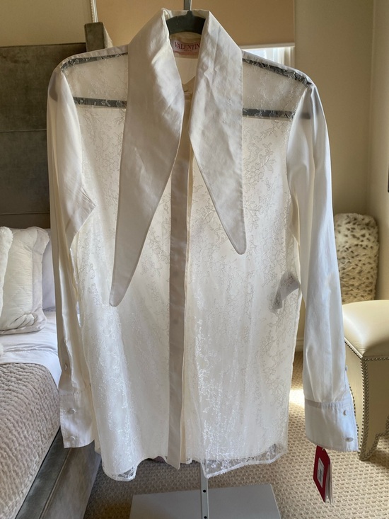 Valentino Tops - Valentino White Sheer Lace-Front Dress Shirt with Pointed Collar